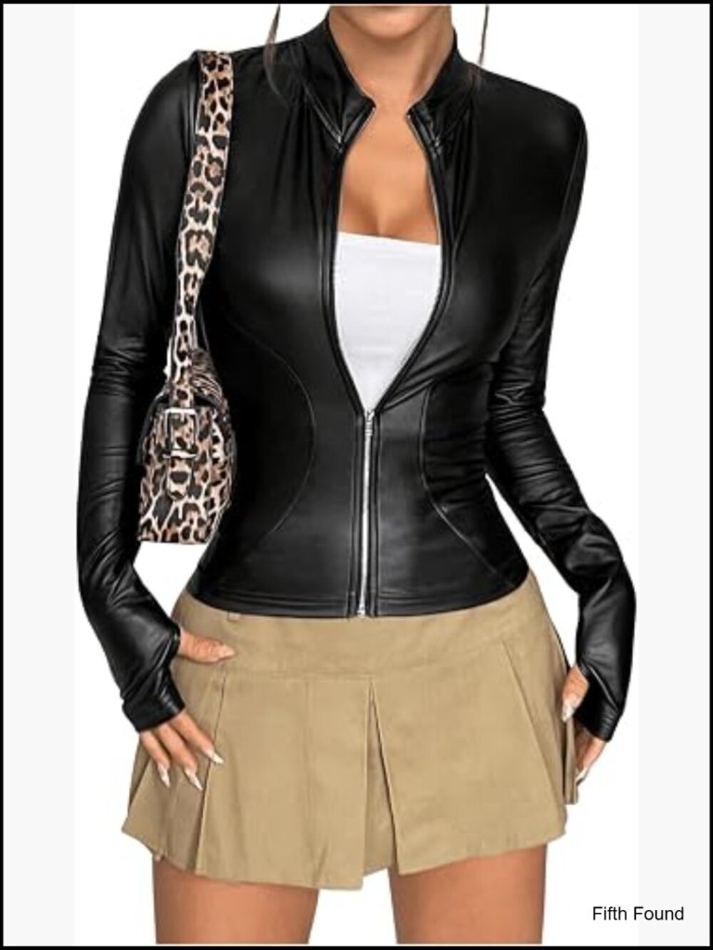 Faux Leather Jacket Thin Fleece Zip Up Long Sleeve Coat Outerwear